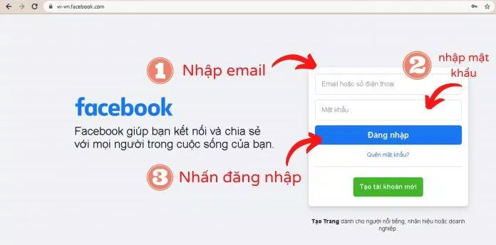 Các bước đăng nhập Facebook bằng Email đơn giản. (Nguồn: Internet)
