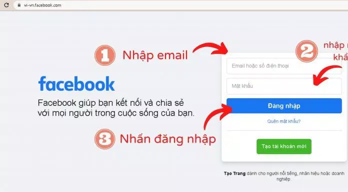 Các bước đăng nhập Facebook bằng Email đơn giản. (Nguồn: Internet)