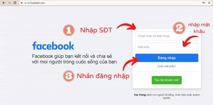 Các bước đăng nhập Facebook bằng số điện thoại đơn giản. (Nguồn: BlogAnChoi)