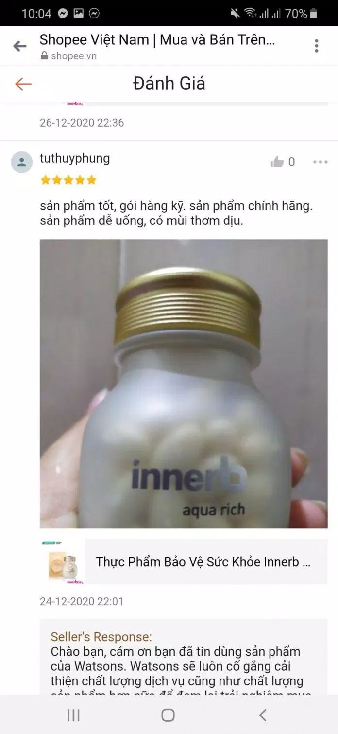 Đánh giá của khách hàng trên Shopee về sản phẩm viên cấp nước Innerb Aqua Rich Radiant Soft Skin (Ảnh: BlogAnChoi).