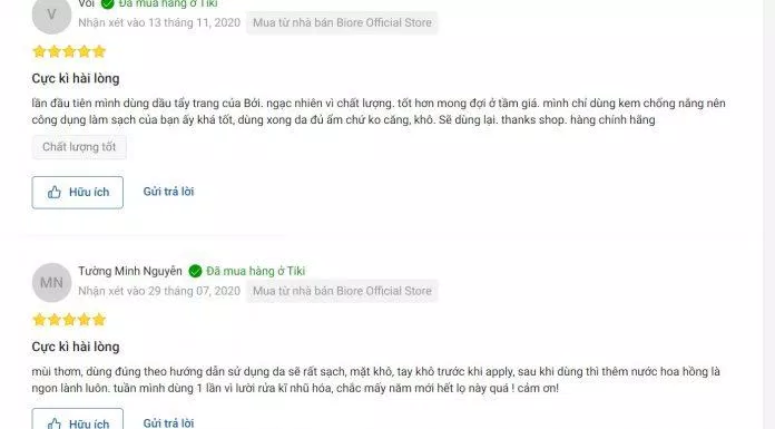 Đánh giá của khách hàng đã sử dụng sản phẩm trên Tiki (Nguồn: Internet)