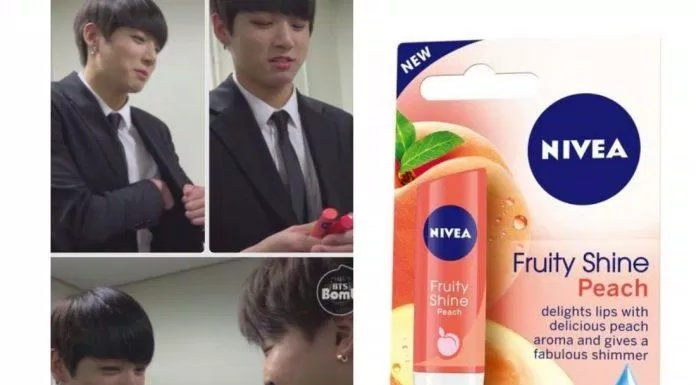 Thỏi son Nivea Fruity Shine hương đào được Jungkook BTS sử dụng trong một video hậu trường đã ngay lập tức cháy hàng tại Hàn Quốc (Ảnh: Internet)