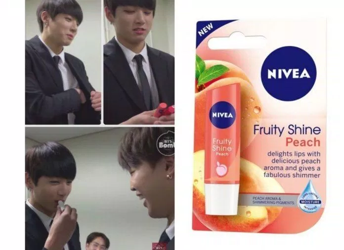 Thỏi son Nivea Fruity Shine hương đào được Jungkook BTS sử dụng trong một video hậu trường đã ngay lập tức cháy hàng tại Hàn Quốc (Ảnh: Internet)