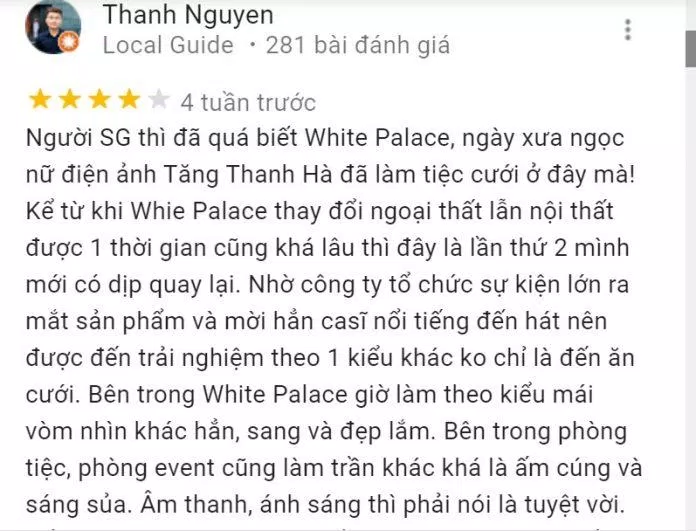 Đánh giá của khách hàng về White Palace. (Ảnh: BlogAnChoi)
