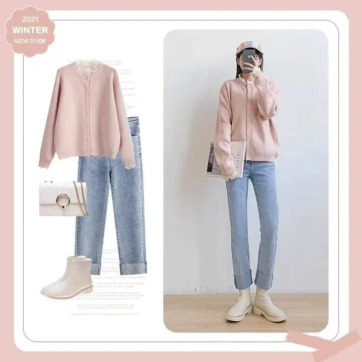 Áo sweater nữ tính kết hợp với quần jean ống xuông (nguồn: BlogAnChoi) Áo sweater nữ tính kết hợp với quần jean ống xuông (nguồn: BlogAnChoi)