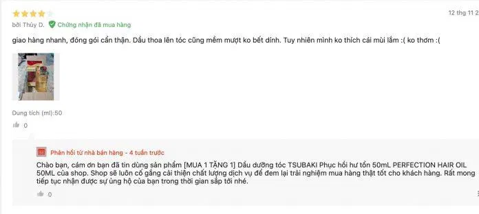 Review Dầu dưỡng tóc Tsubaki Oil Perfection Hair Oil trên Lazada (Ảnh BlogAnChoi)
