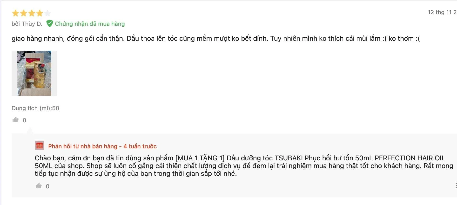 Review Dầu dưỡng tóc Tsubaki Oil Perfection Hair Oil trên Lazada (Ảnh BlogAnChoi)