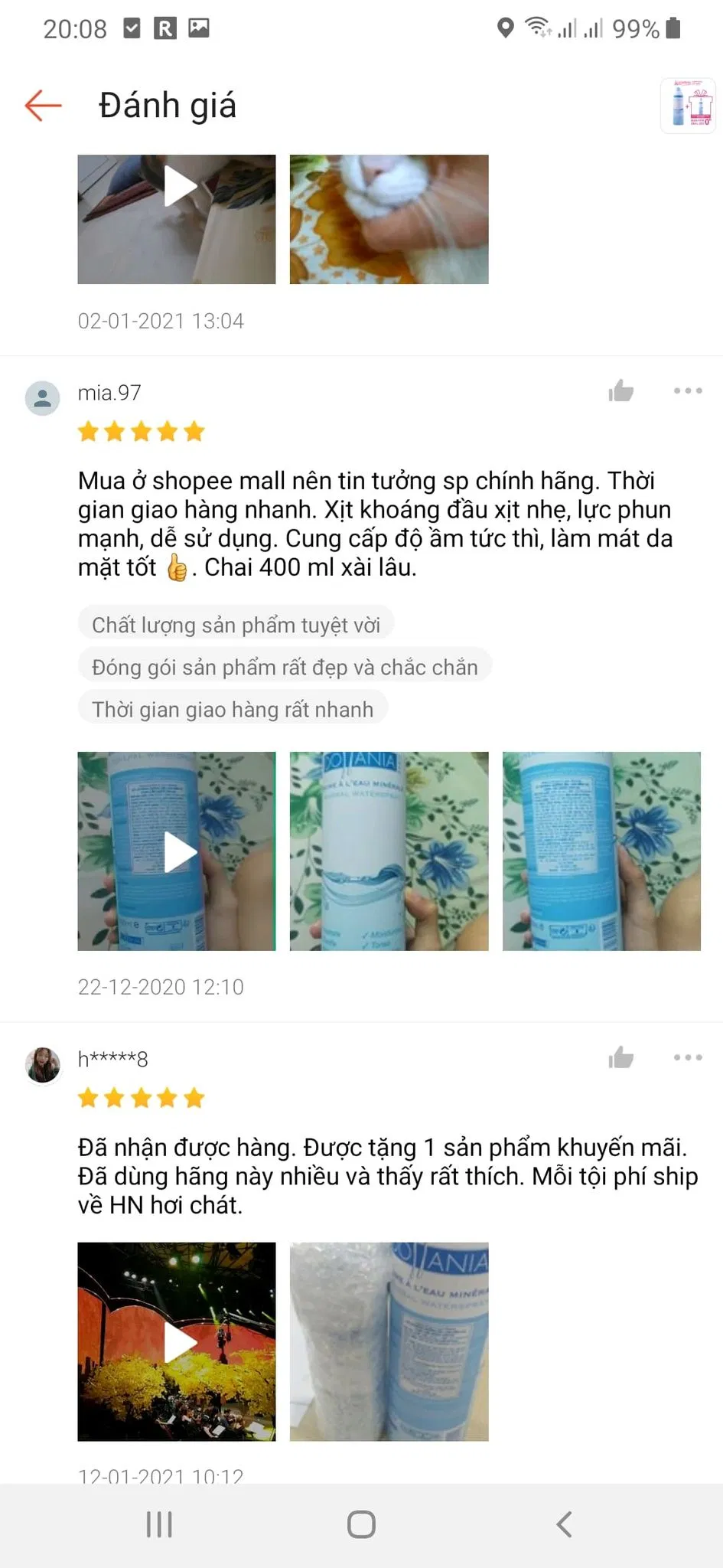 Đánh giá trên Shopee về xịt khoáng Dollania Mineral Water Spray (Ảnh: BlogAnChoi).