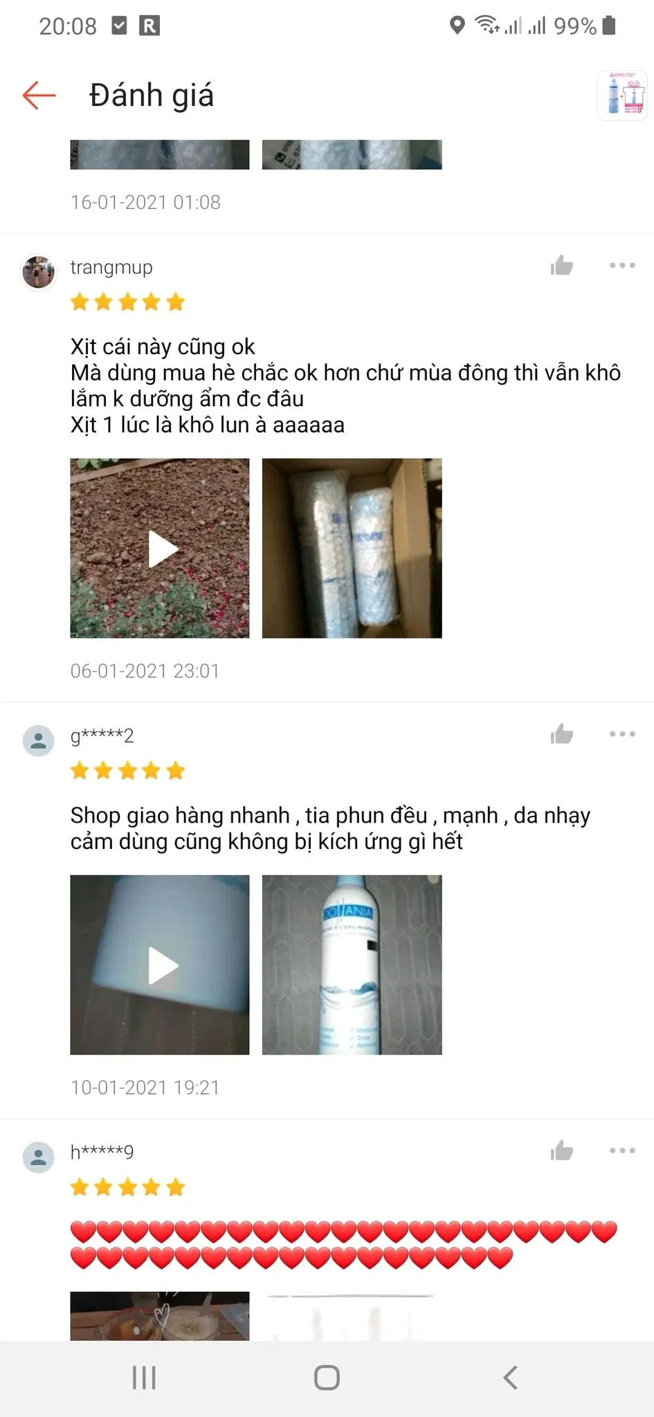 Đánh giá của khách hàng về xịt khoáng Dollania Mineral Water Spray trên Shopee (Ảnh: BlogAnChoi).