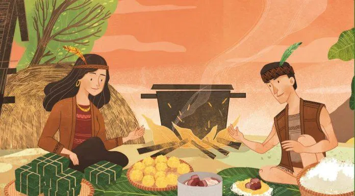 Tranh vẽ về sự tích bánh chưng, bánh giầy (Ảnh: Internet)
