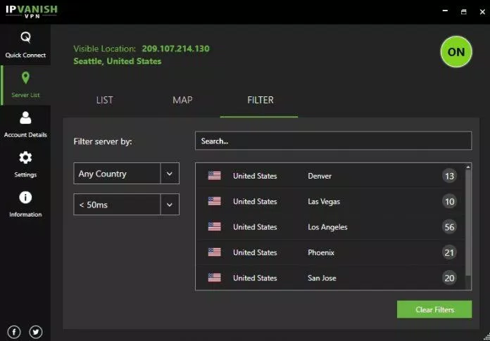 Giao diện của IPVanish VPN (Ảnh: Internet).