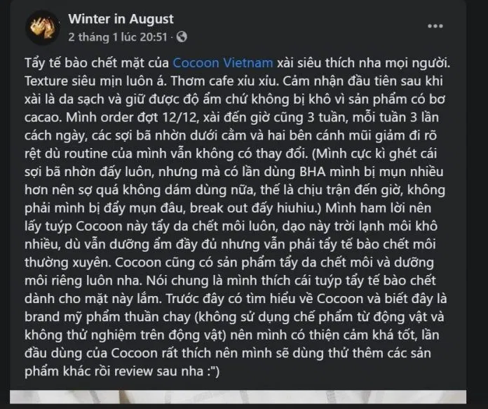 Đánh giá của bạn blogger Winter In August trên Facebook