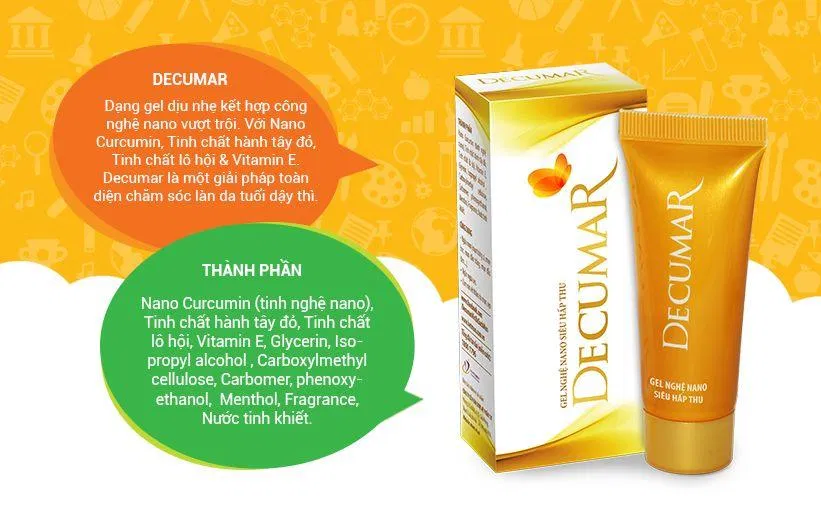 Thành phần chính và công dụng của Gel nghệ nano trị mụn Decumar (Ảnh: Internet).