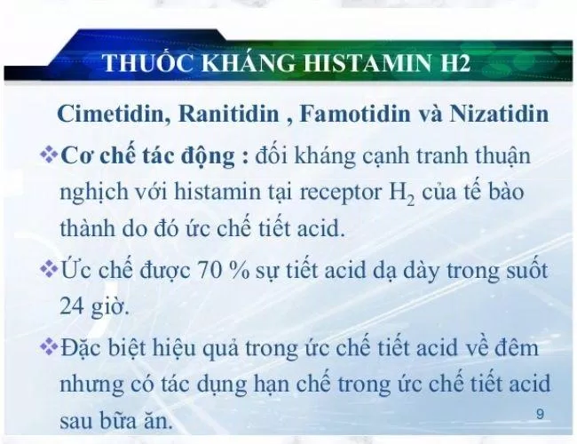 Thuốc kháng histamin H2 giúp ngăn tiết axit dạ dày (Nguồn: Internet). Thuốc kháng histamin H2 giúp ngăn tiết axit dạ dày (Nguồn: Internet).