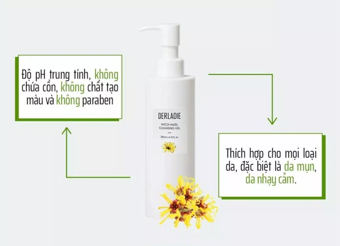 Sữa rửa mặt chiết xuất cây phỉ Derladie Witch Hazel Cleansing Gel an toàn, dịu nhẹ, thích hợp với mọi loại da (ảnh: internet)