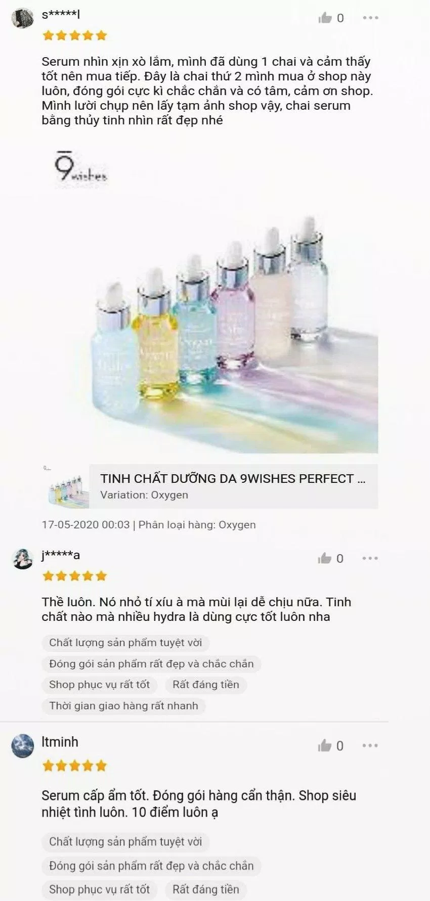 Một vài đánh giá của khách hàng về tinh chất 9Wishes Perfect Ampule Serum (Ảnh: internet)