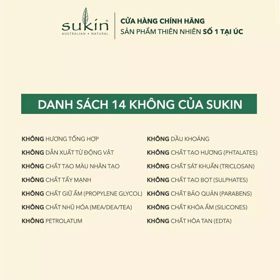 Cam kết 14 không của hãng Sukin về thành phần sản phẩm (Ảnh: Internet).