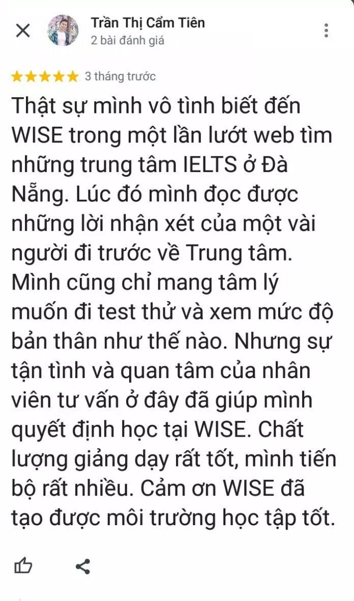 Đánh giá cao của học viên về trung tâm tiếng Anh Wise English (ảnh: BlogAnChoi)