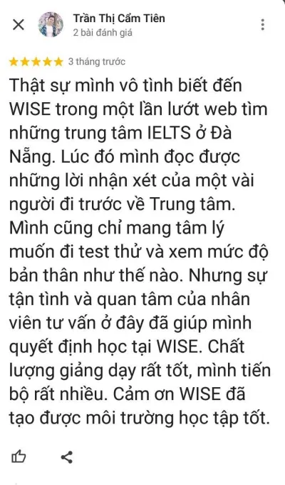 Đánh giá cao của học viên về trung tâm tiếng Anh Wise English (ảnh: BlogAnChoi)