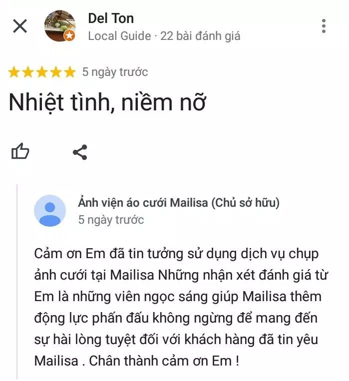 Đánh giá của khách hàng về Ảnh viện áo cưới Mailisa (ảnh: BlogAnChoi) Đánh giá của khách hàng về Ảnh viện áo cưới Mailisa (ảnh: BlogAnChoi)