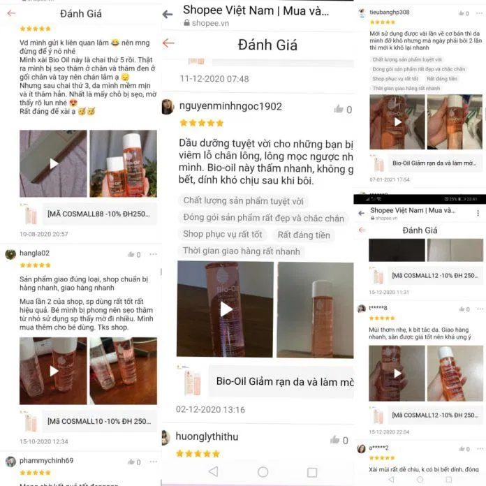Đánh giá khách hàng trên Shopee sau khi trải nghiệm dầu Bio Oil ( Nguồn: internet)