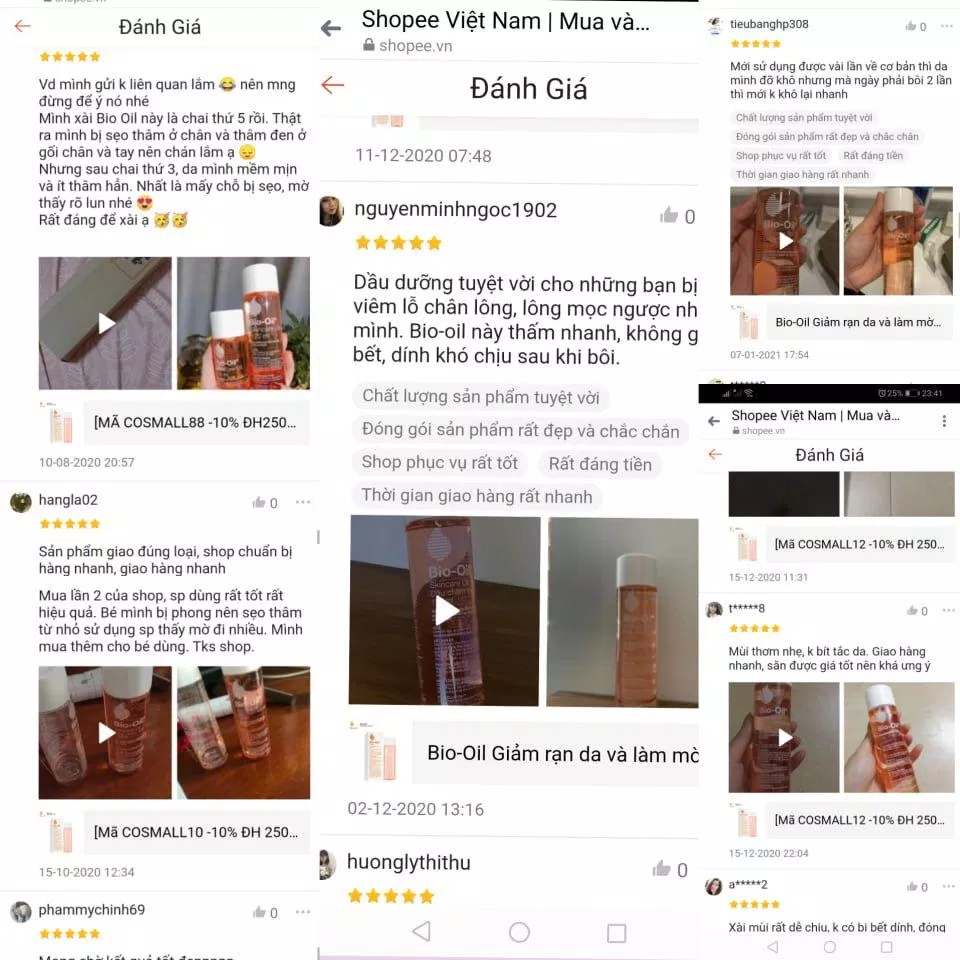Đánh giá khách hàng trên Shopee sau khi trải nghiệm dầu Bio Oil ( Nguồn: internet)