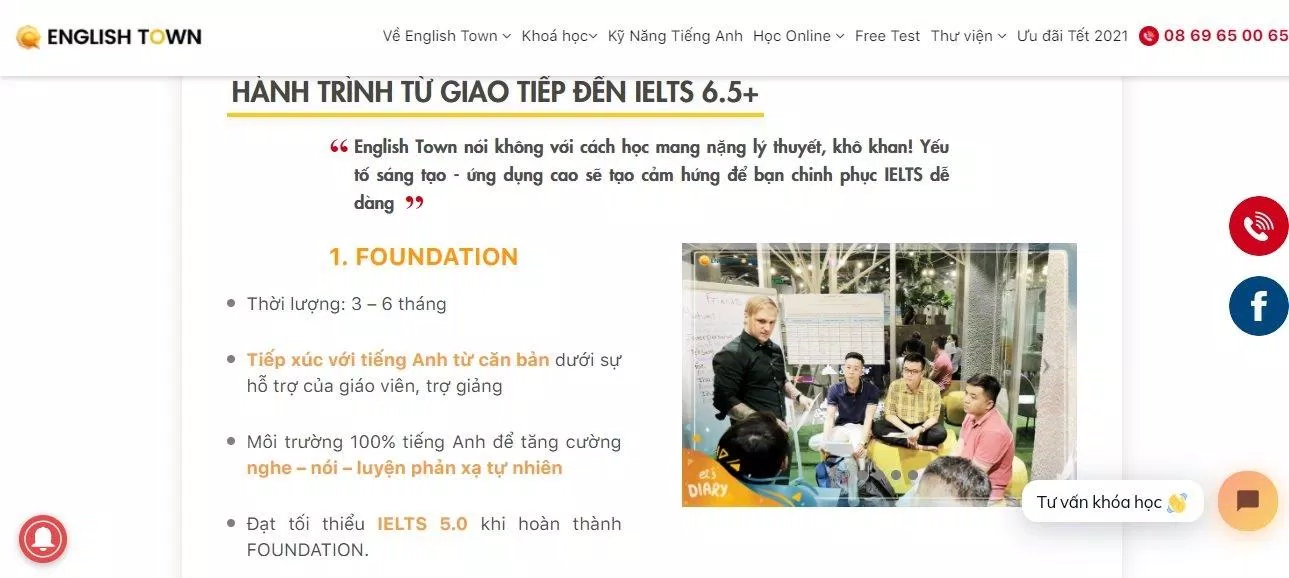 Khóa học từ giao tiếp đến IELTS 6.5+ của trung tâm Anh ngữ English Town (ảnh: BlogAnChoi)