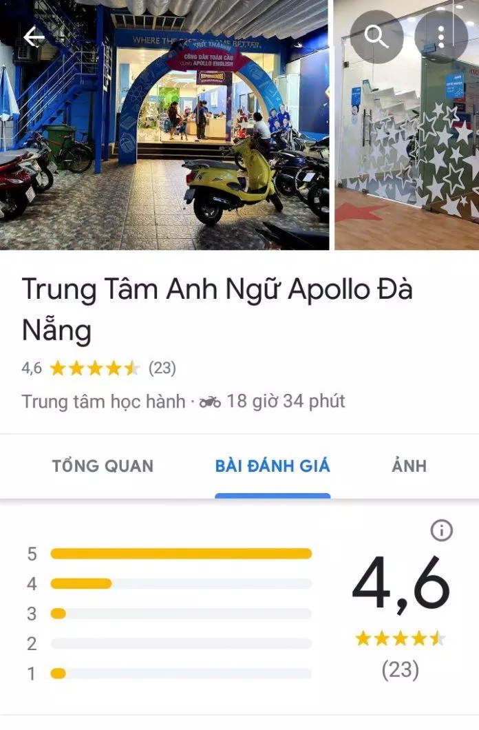 Điểm đánh giá của trung tâm tiếng Anh Apollo trên Google Maps (ảnh: BlogAnChoi)