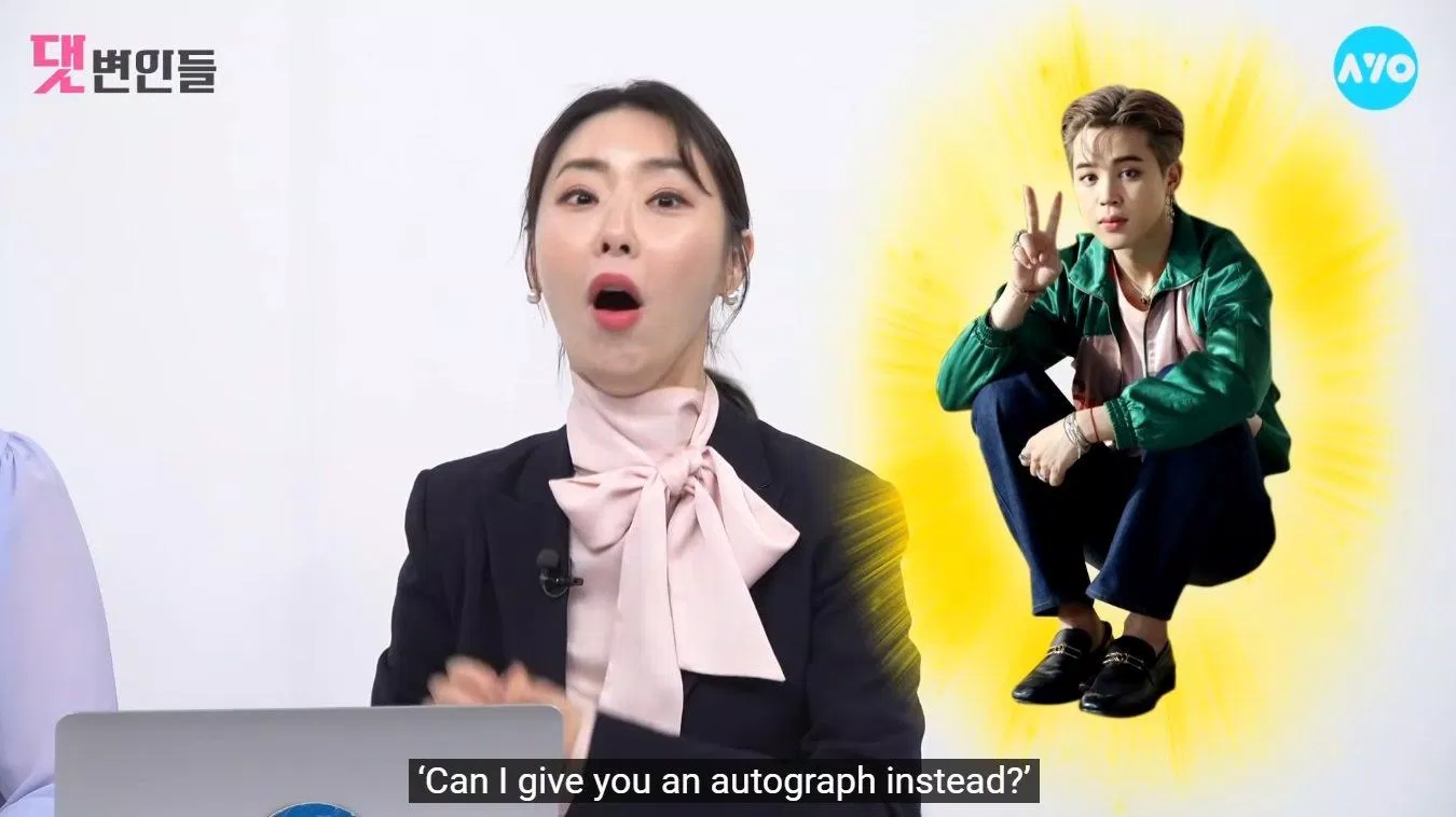 Nữ tiếp viên hàng không rất bất ngờ khi Jimin ngỏ lời tặng chữ ký (Ảnh: Internet)