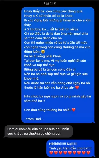 Tin nhắn giữa Hari Won với bố chồng (Nguồn: Internet) Tin nhắn giữa Hari Won với bố chồng (Nguồn: Internet)