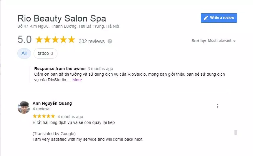 Đánh giá của khách hàng về Rio Beauty Salon Spa ( nguồn: BlogAnChoi)