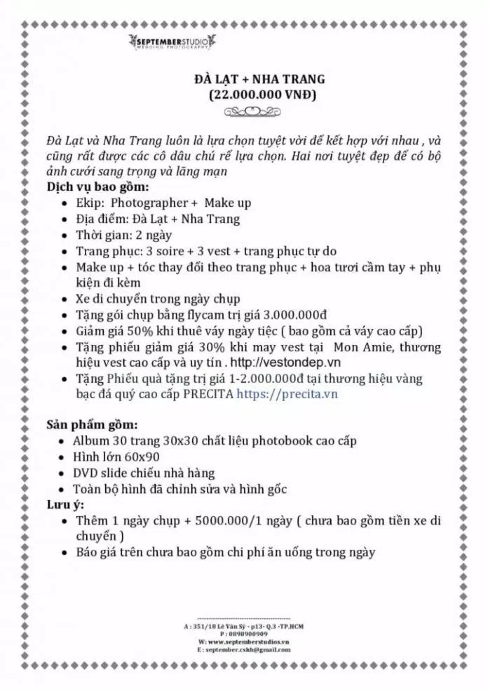 Bảng giá dịch vụ của September Studio (ảnh: September Studio) Bảng giá dịch vụ của September Studio (ảnh: September Studio)