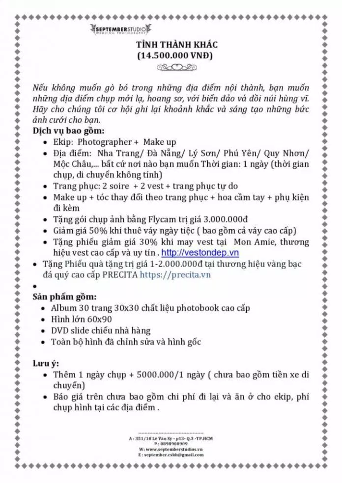 Bảng giá dịch vụ của September Studio (ảnh: September Studio) Bảng giá dịch vụ của September Studio (ảnh: September Studio)