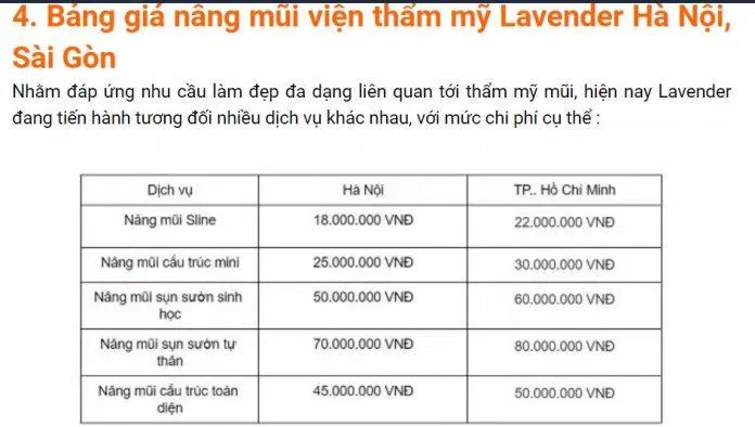 Bảng giá dịch vụ nâng mũi tại viện thẩm mỹ Lavender ( nguồn: internet)