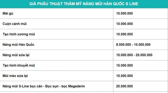 Bảng giá thẩm mỹ mũi Bệnh viện thẩm mỹ Việt Mỹ (Nguồn: Internet) Bảng giá thẩm mỹ mũi Bệnh viện thẩm mỹ Việt Mỹ (Nguồn: Internet)