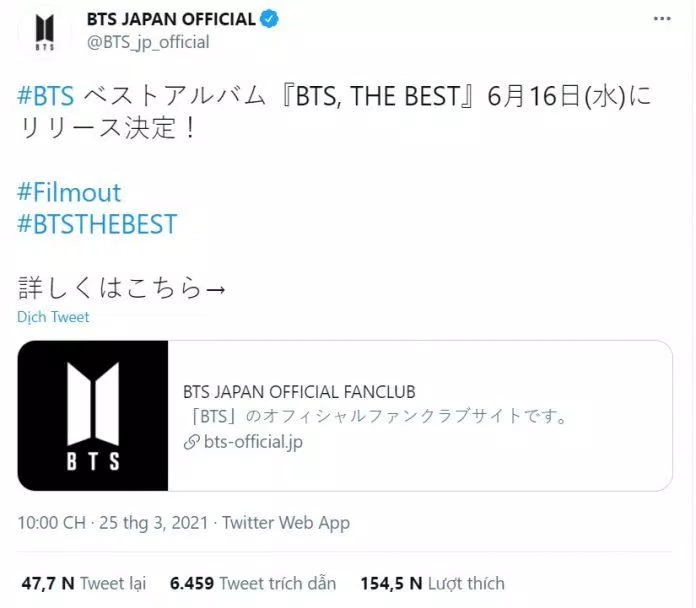 Thông báo của BTS trên tài khoản Twitter @BTS_jp_official (Ảnh: Twitter)