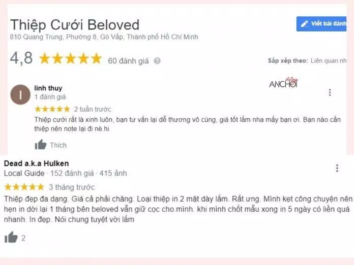 Đánh giá của khách hàng về Thiệp cưới Beloved (Ảnh: BlogAnChoi)
