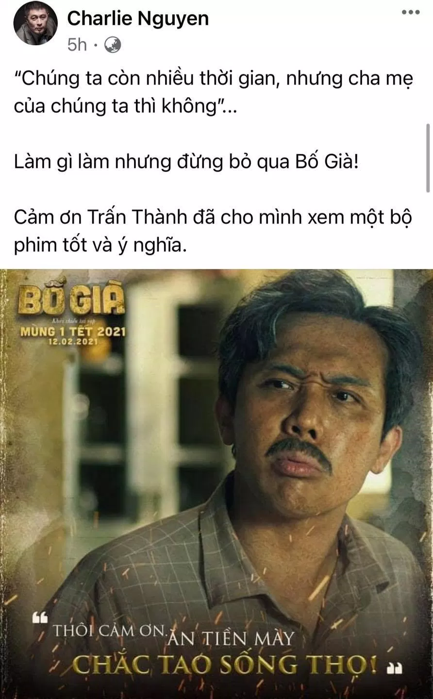 Lời khen từ đạo diễn Charlie Nguyễn (Nguồn: Charlie Nguyễn) Lời khen từ đạo diễn Charlie Nguyễn (Nguồn: Charlie Nguyễn)