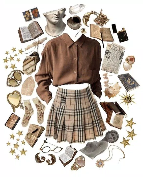 Sơ mi tối màu kết hợp với chân váy xếp li cùng các phụ kiện đi kèm như kình tròn, sách,... Sơ mi tối màu kết hợp với chân váy xếp li cùng các phụ kiện đi kèm như kình tròn, sách,...