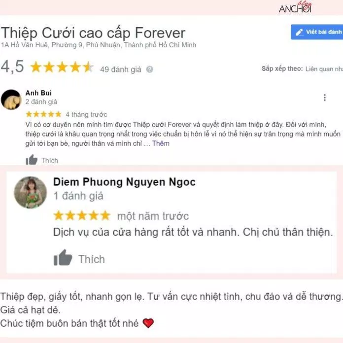 Đánh giá của khách hàng về Thiệp cưới cao cấp Forever (Ảnh: BlogAnChoi)