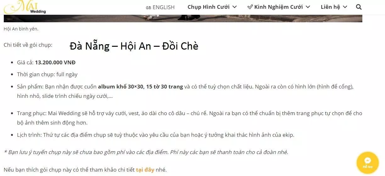 Bảng giá dịch vụ của Mai Wedding (ảnh: BlogAnChoi)