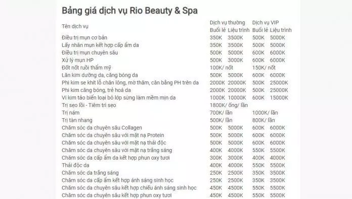 Bảng giá dịch vụ tại Thẩm Mỹ Viện Rio Beauty Spa ( nguồn: internet)