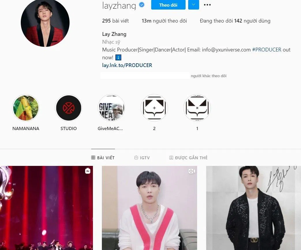 Số người theo dõi hiện tại của Lay EXO là 13,02 triệu người (Nguồn: Instagram)