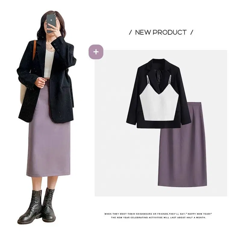 Hóa thân thành quý cô thanh lịch với chân váy trơn màu tím và blazer tối màu (Nguồn: BlogAnChoi) Hóa thân thành quý cô thanh lịch với chân váy trơn màu tím và blazer tối màu (Nguồn: BlogAnChoi)