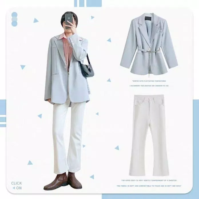 Blazer xanh nhẹ nhàng và quần jean trắng có ống loe nhẹ (Nguồn: BlogAnChoi) Blazer xanh nhẹ nhàng và quần jean trắng có ống loe nhẹ (Nguồn: BlogAnChoi)