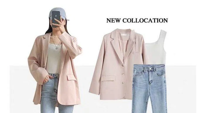 Blazer hồng pastel đi với quần jean xanh nhạt và một chiếc áo 2 dây bản to (Nguồn: BlogAnChoi)