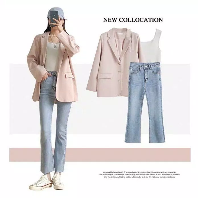 Blazer hồng pastel đi với quần jean xanh nhạt và một chiếc áo 2 dây bản to (Nguồn: BlogAnChoi)