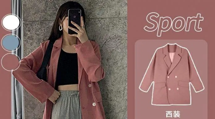 Cả set đồ cân đối hơn với 3 màu: Blazer màu hồng + quần xám + giày thể thao màu xanh (Nguồn: BlogAnChoi)