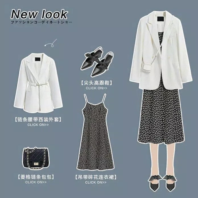 Một set đồ đa dụng khi phối váy dây hoa nhí và blazer màu trắng cùng đôi sục xinh xắn (Nguồn: BlogAnChoi)
