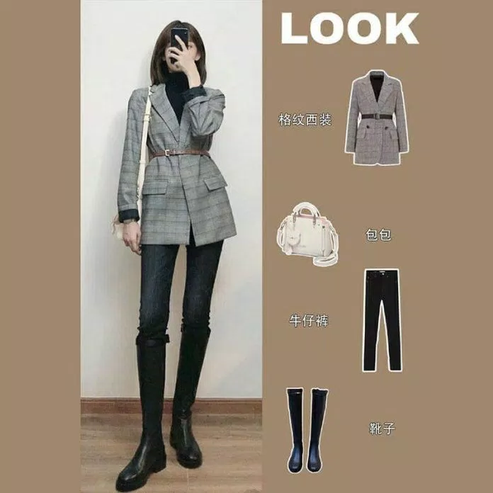 Thanh lịch với blazer có thắt eo đi cùng boots và quần jean cùng tone màu (Nguồn: BlogAnChoi)